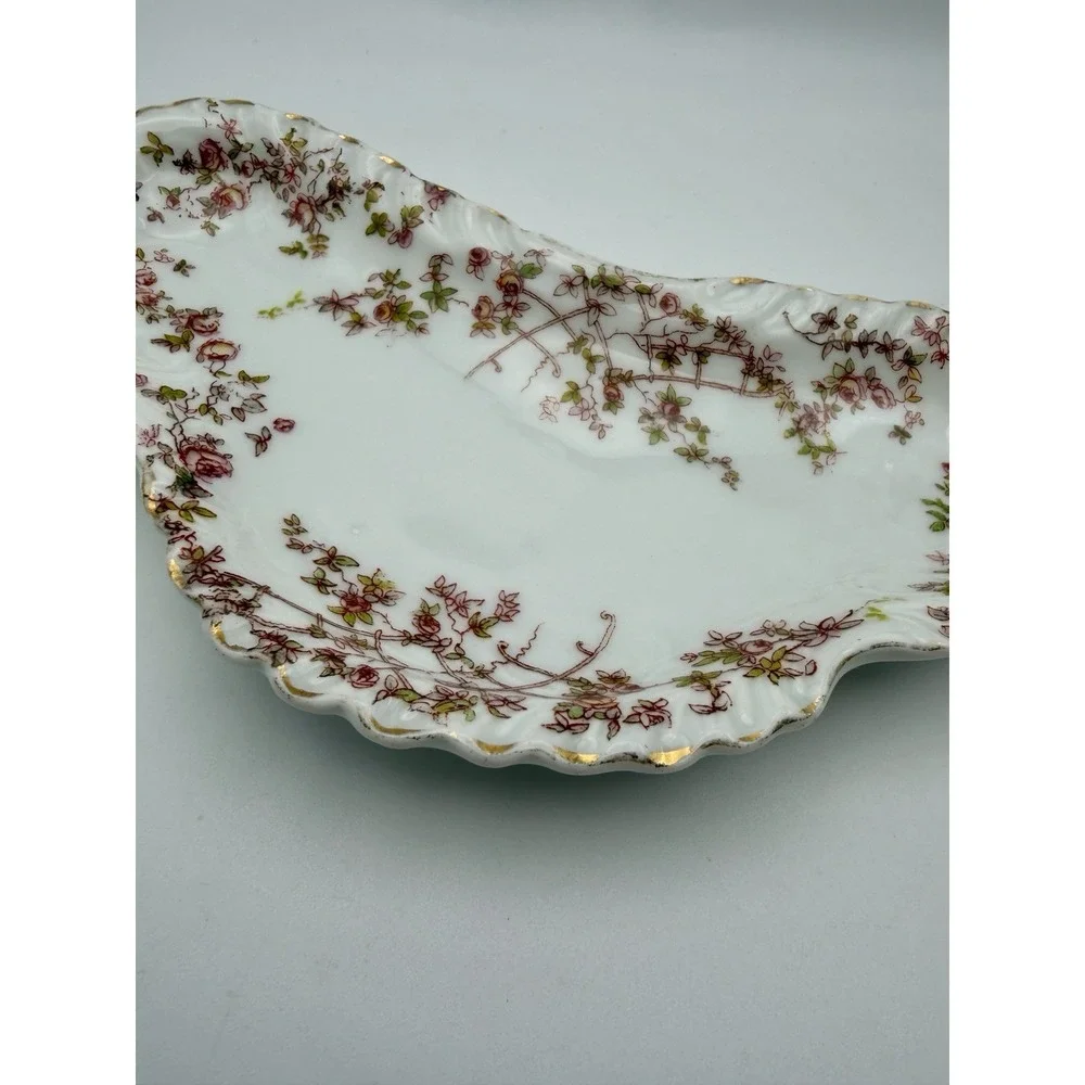 Antique Carlsbad Porcelain Bone Dish Crescent Rose Garlands Trellis Gold Trim 7